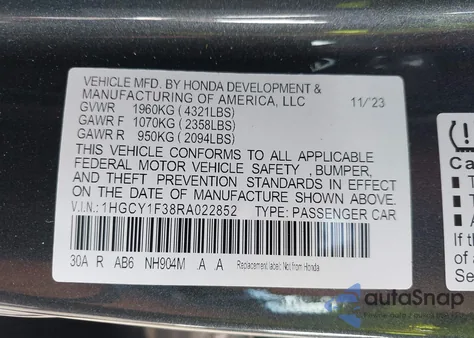 2024 Honda Accord Ex z USA, uszkodzony, nr VIN 1HGCY1F38RA022852